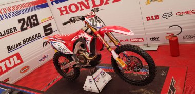 Mantova Italy 11 09 2021: MxGp Motocross Paddock kutusu Honda HRC Tim Gajser. Yüksek kalite fotoğraf