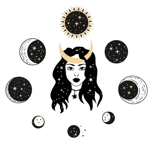 Woman moon celestial astrology boho esoteric magic print — 图库矢量图片