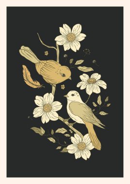 Klasik kuş ve çiçekler basılabilir poster