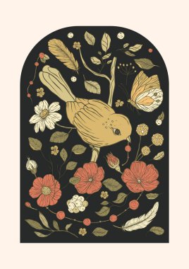 Klasik kuş ve çiçekler basılabilir poster