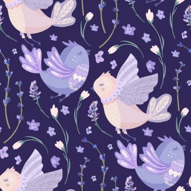 Sevimli çizgi film kuşu ve lavanta rengi mor çiçekler, kusursuz desen.