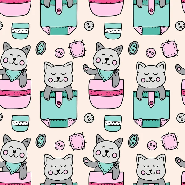 Cute cat in pocket kids seamless pattern — Stock Vector