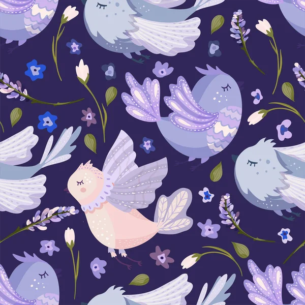 Милий мультяшний птах і фіолетові квіти лаванди безшовний візерунок — стоковий вектор