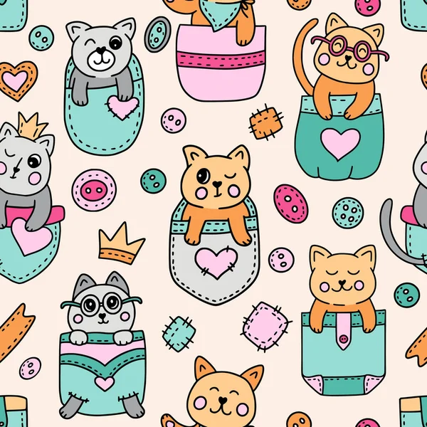 Cute cat in pocket kids seamless pattern — Stock Vector