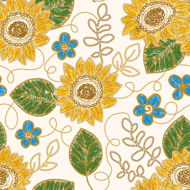 Ayçiçeği nakışı - Ukrayna 'nın pürüzsüz deseni. Vektör illüstrasyonu