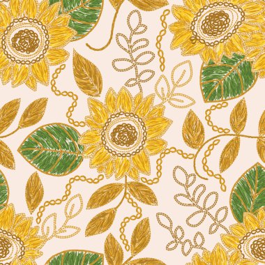 Ayçiçeği nakışı - Ukrayna 'nın pürüzsüz deseni. Vektör illüstrasyonu