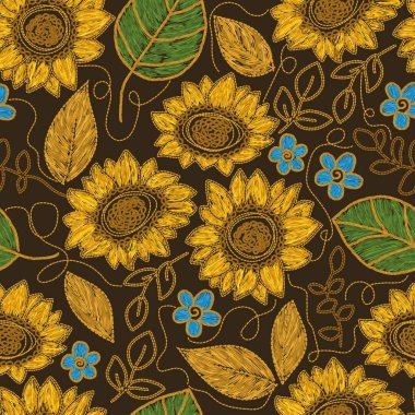 Ayçiçeği nakışı - Ukrayna 'nın pürüzsüz deseni. Vektör illüstrasyonu