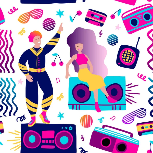 Dziewczyna Chłopiec 80S Disco Bezproblemowy Wzór Partii Ilustracja Ludzkiego Wektora — Wektor stockowy