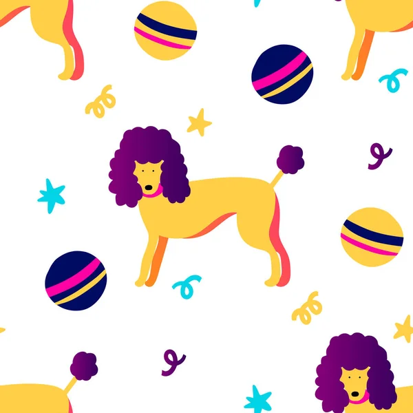 Dog Ball Funky Seamless Vector Pattern Cute Pet Poodle — Stock Vector