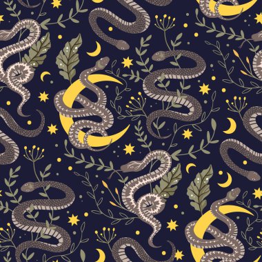 Snake moon seamless vector pattern. Boho background