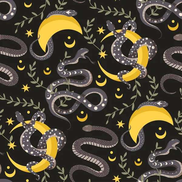 Snake Moon Seamless Vector Pattern Boho Background — Stockvector