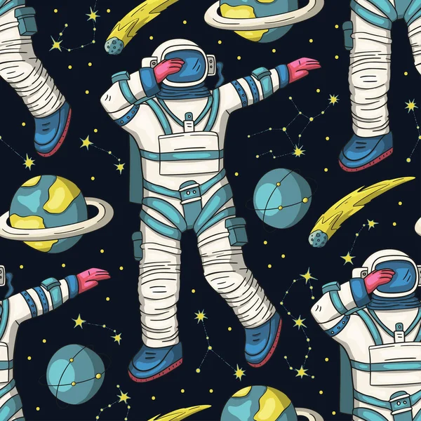 Astronaut Cosmos Galaxy Universe Science Cosmic Space Seamless Vector Pattern — Stok Vektör