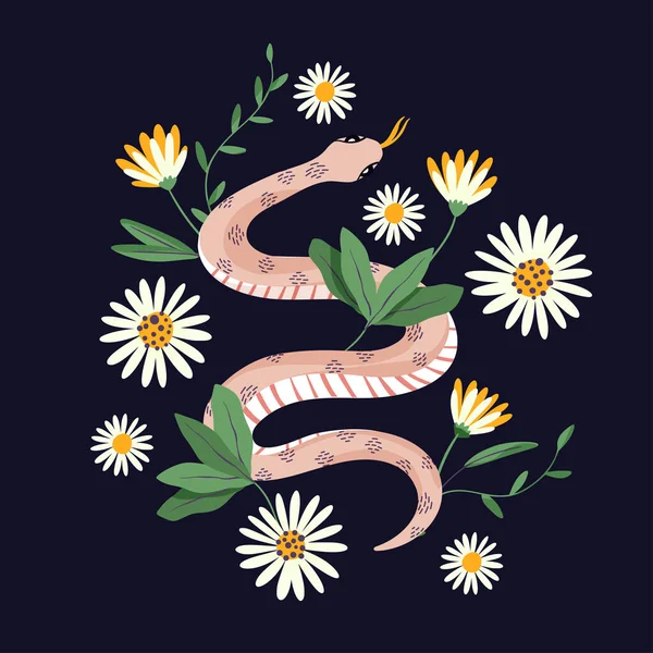 Snake Daisy Flower Magic Print Tattoo Vintage Fashion Vector Wild — Vettoriale Stock