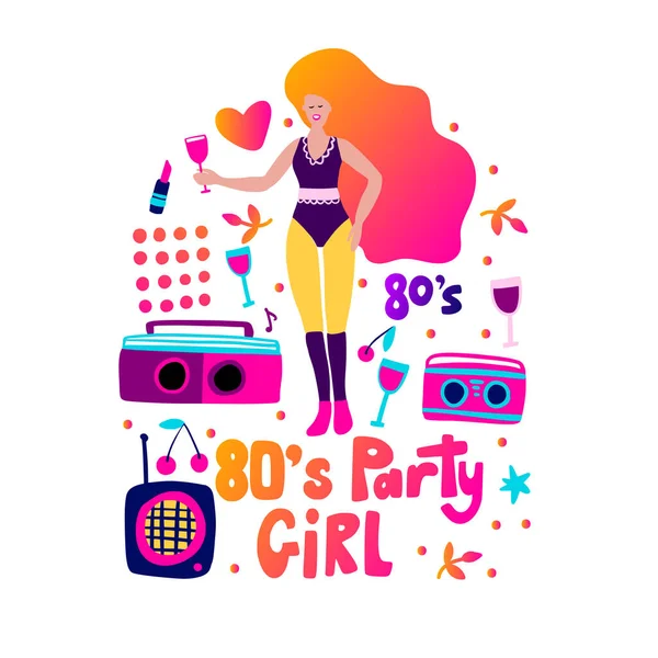 80S Retro Music Party Poster Funky Vector Fashion Girl Card — Wektor stockowy