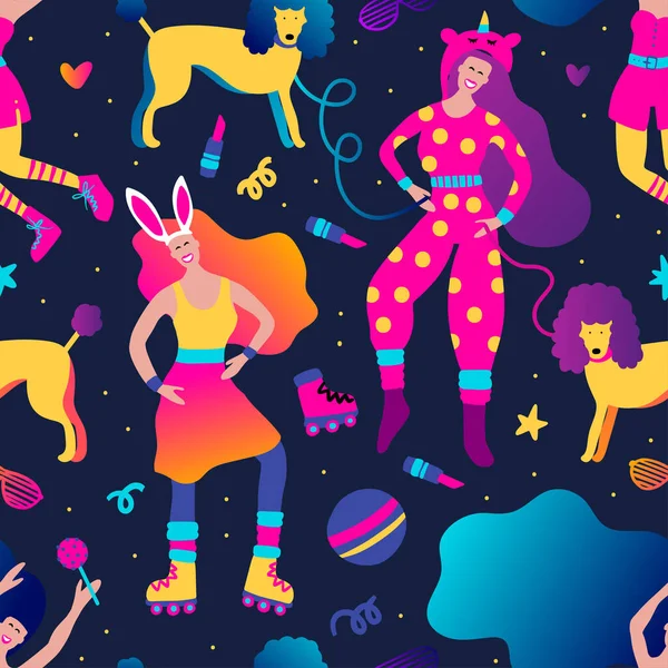 Funky Girl Funny Pajama Home Music Party Seamless Vector Pattern — Stockvektor