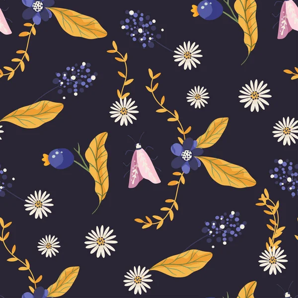 Moth Butterfly Flower Berry Forest Seamless Vector Pattern Floral Vintage — Stockvektor