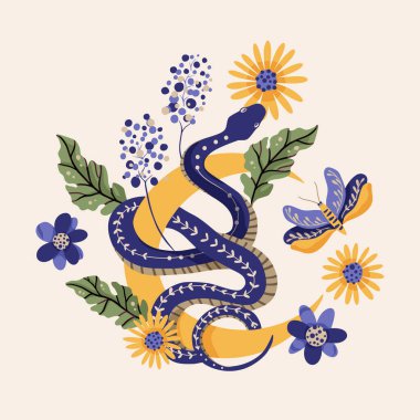 Snake and moon illustrations vector retro design alchemy flower. Python vintage shirt print