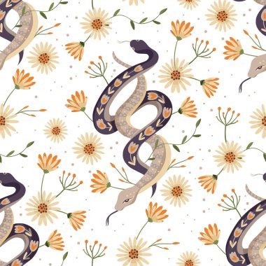 Snake and flower vintage seamless pattern. Tropical animal fabric snake art 