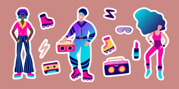 80S Retro Music Party Sticker Set Groovy Funky Character Disco — Stockvector