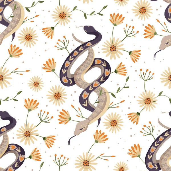 Snake Flower Vintage Seamless Pattern Tropical Animal Fabric Snake Art — Stock Vector