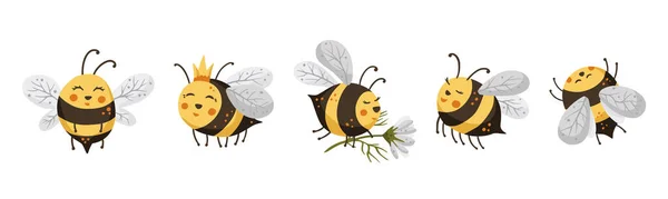 Cute Bee Cartoon Funny Vector Set Happy Funny Adorable Character — Stockový vektor