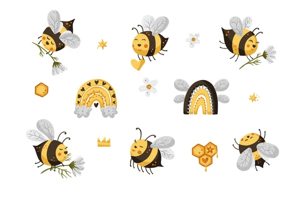 Cute Bee Rainbow Cartoon Funny Vector Set Happy Funny Adorable — 图库矢量图片