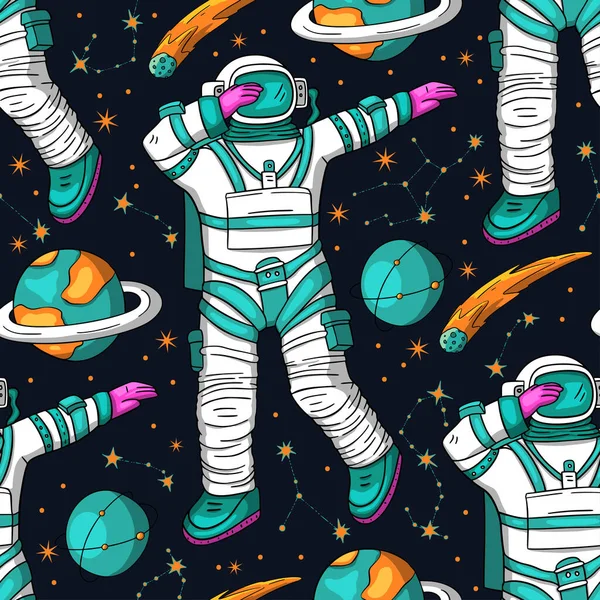 Astronaut Seamless Space Vector Pattern Kids Doodle Print Moon Texture — Stock vektor