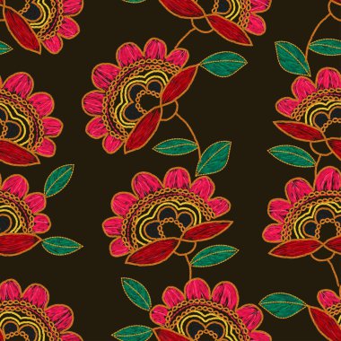 Vector embroidered seamless vintage pattern. Ukrainian motif craft sewing embroidery vintage background