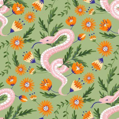 Pembe yılan çiçekli desen. Vektör çiçek sihirli gizemli boho arka plan modern sanat.