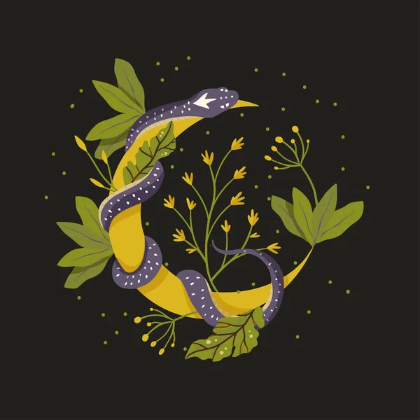 蛇科植物背景向量蛇科花魔法艺术 神秘月亮动物卡 — 图库矢量图片