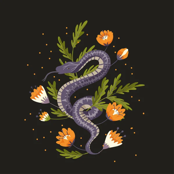 Snake Floral Background Vector Snake Flower Magic Art Animal Card — Stock Vector