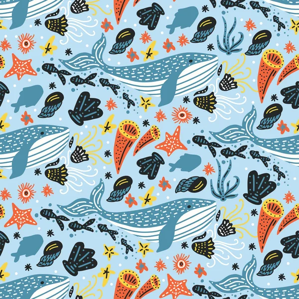 Whale Fish Summer Seamless Vector Pattern Kid Cartoon Cute Background — Stock Vector