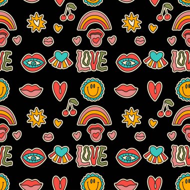 70 'lerin 80' lerin modası geçmiş, kusursuz vektör deseni. Çizgi film gökkuşağı aşk çiçeği çıkartması retro yaz psikedelik hoş arka plan