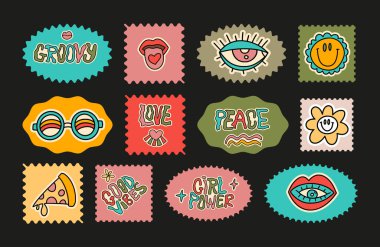 Eski moda çıkartma seti. Hippi 70 'lerin disko çizgi film posta pulu, çiçekli aşk illüstrasyonu, pizza. Vektör ögesi koleksiyonu