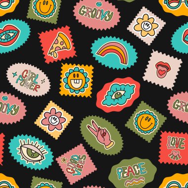 Şirin çizgi film, harika gökkuşağı pizzası, göz, çiçek etiketi, kusursuz desen. Hippi geçmişe dönük illüstrasyon