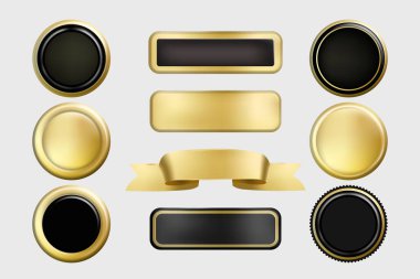 Gold foil texture 3d buttons set. Vector stamp golden elegant shiny metallic vector collection clipart