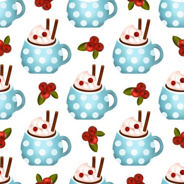 Noel içeceği kreması 3D vektör kusursuz desen, kakao bardağı tatlı çikolata sanat, kış kahvesi sıcak illüstrasyon