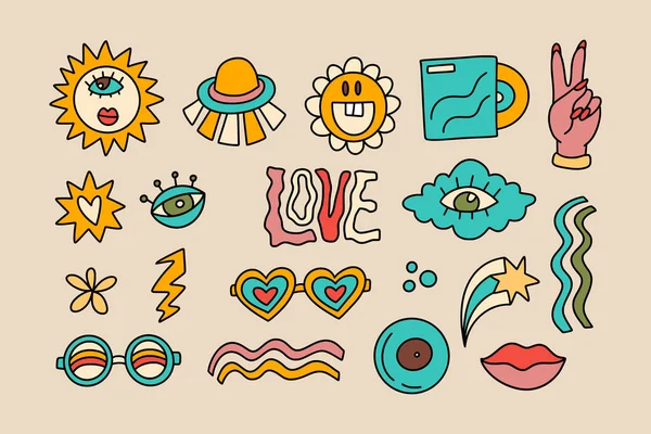 Groovy Sticker Set Retro Eye Ufo Glass Flower Hopy 디스코 — 스톡 벡터