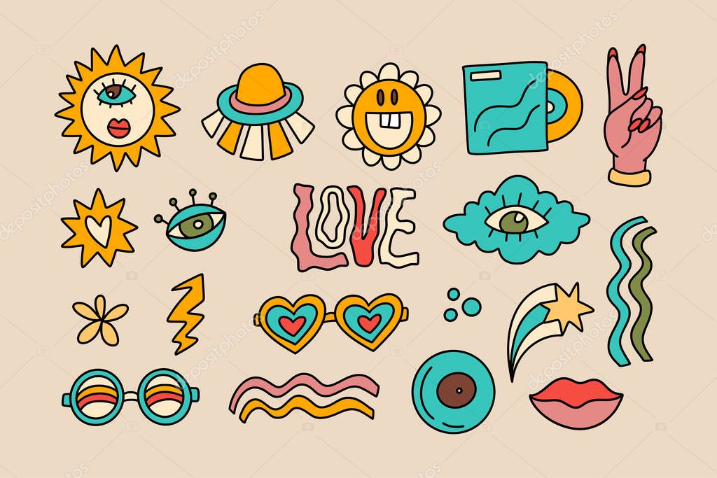Groovy sticker set, retro eye, ufo and glasses flower hippie 70s disco cartoon illustration vector element collection