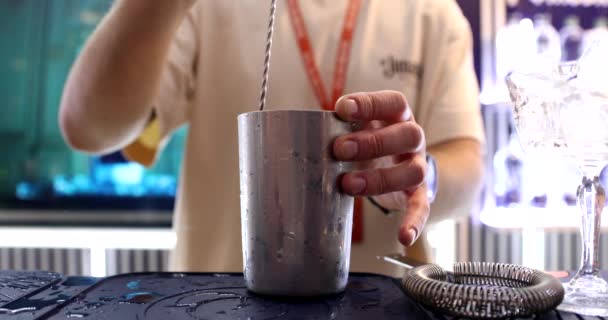 Mistura suave de álcool em uma coqueteleira. — Vídeo de Stock