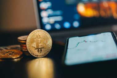 Cryptocurrency trading using your phone or laptop. Exchange charts. High quality photo