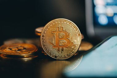 Cryptocurrency. Trading on gadgets. Growth or decline in the next year. High quality photo