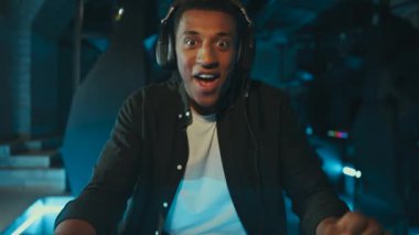 The player won a prize in a cyber tournament. Victory in mmorpg. High quality 4k footage