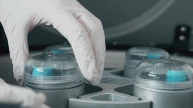Bir insan santrifüjden bir kap alır. Kan plazması alınıyor. Yüksek kalite 4k görüntü