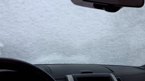 Vue de l'intérieur de la voiture essuyer la neige du pare-brise — Video