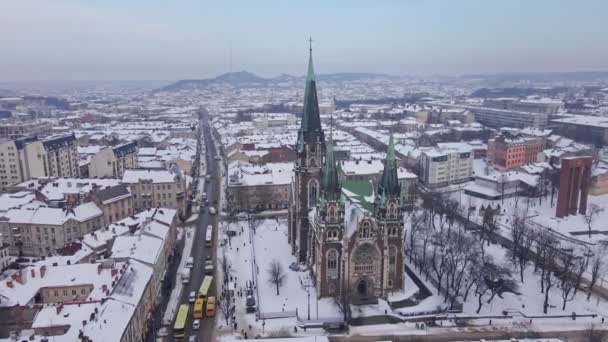 Aerial view of elzbieta church in lviv city — Stock Video