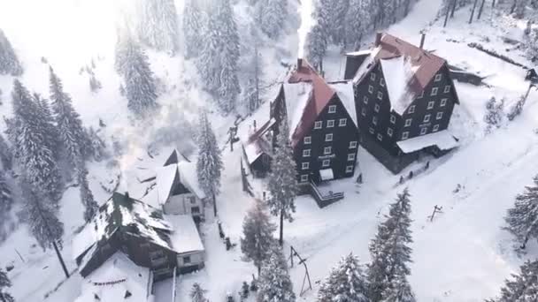 ドラゴブラット、ウクライナ- 2021年1月13日:スキーリゾートの空中パノラマビュー — ストック動画