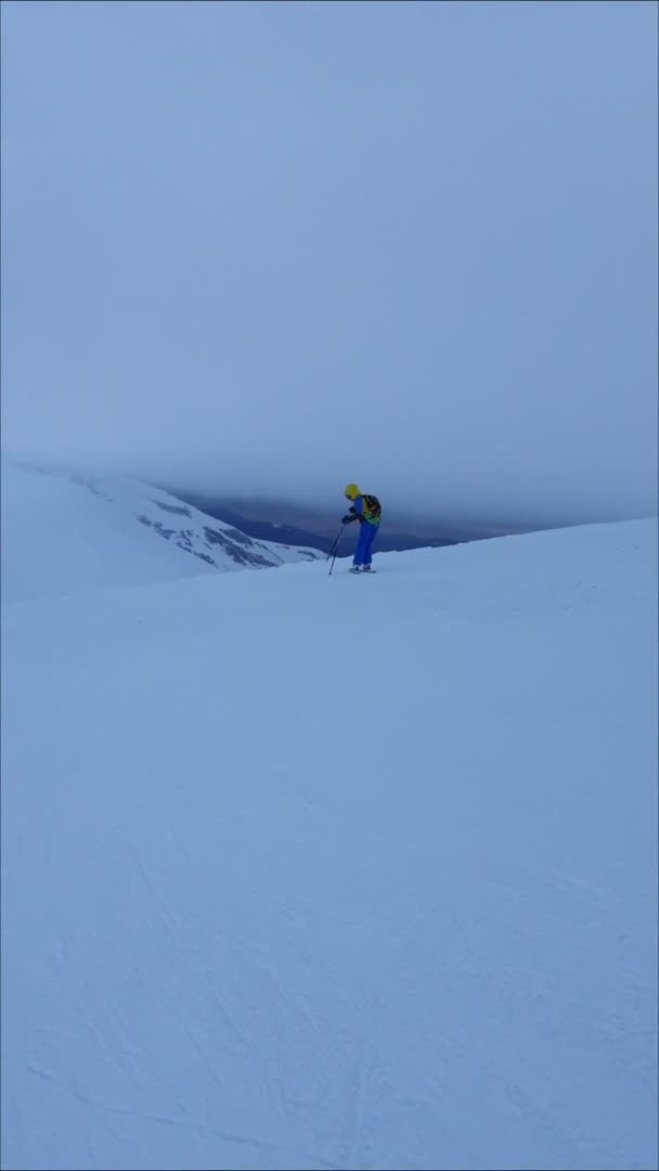 美しい景色を眺めながら山の上でスキーをする女性 — ストック動画