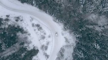 Dağlardaki çam ağaçları arasında, karlı yoldan giden araba manzarası..