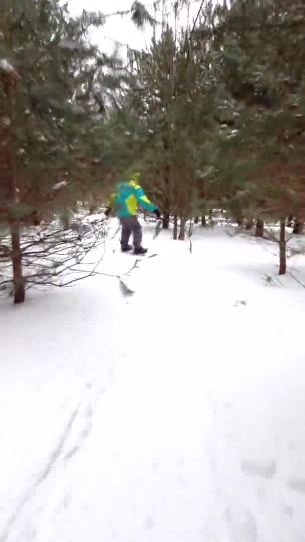 Muž snowboardista volný jezdec v lese — Stock video